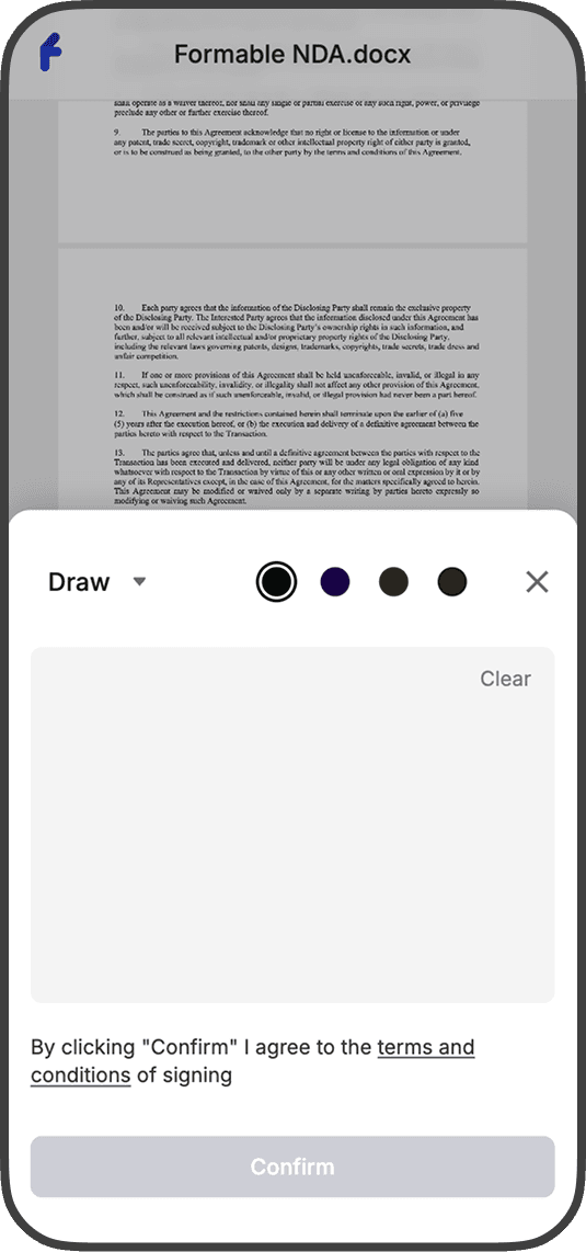 Formable mobile signing experience on a phone
