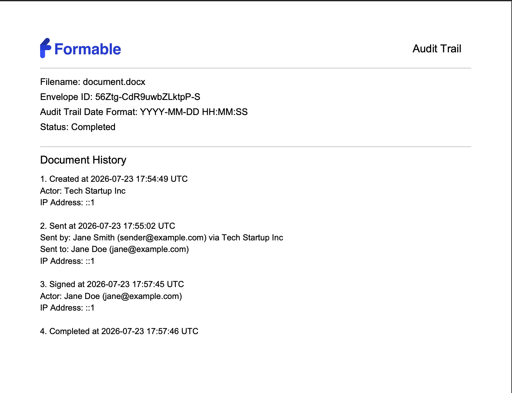 Formable audit trail for document.docx showing Created, Sent, Signed, and Completed events with status Completed