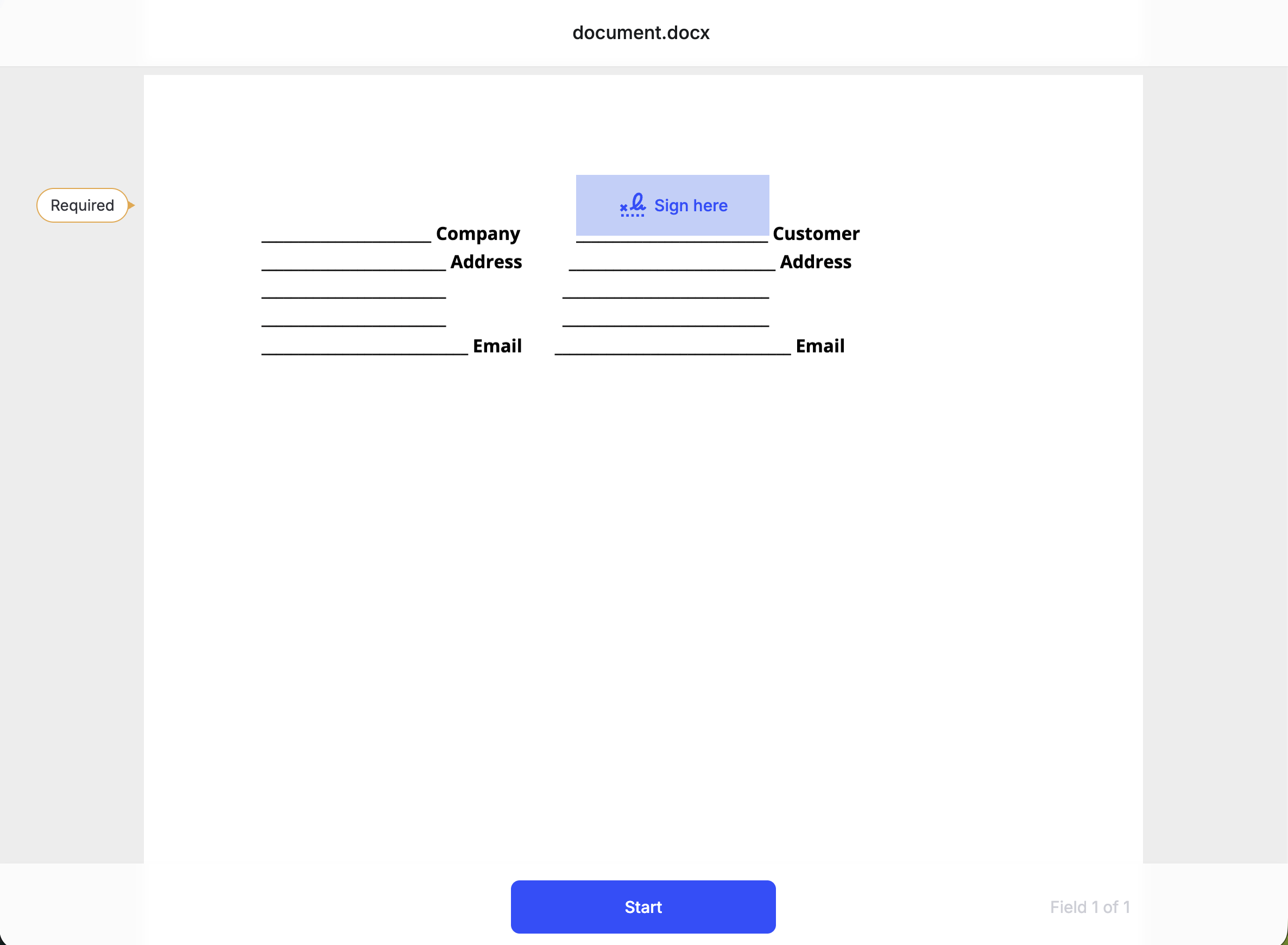 Embedded signing view showing a Sign here field on the Customer line, a Required callout, and a Start button